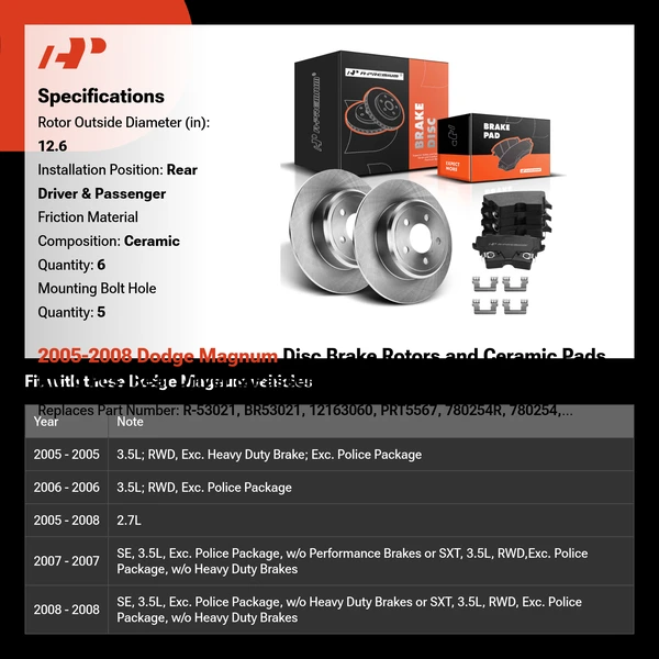 2005-2008 Dodge Magnum Disc Brake Rotors and Ceramic Pads Kit, 6 Pcs, Rear Driver & Passenger, A-Premium, APBRPR008