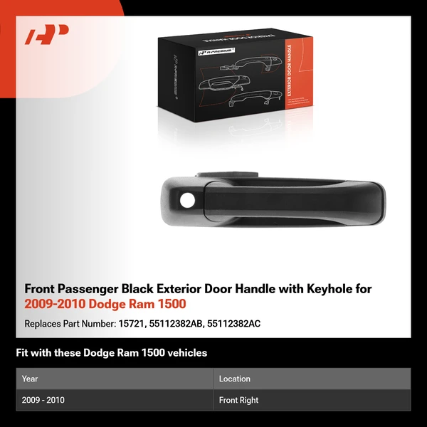 Front Passenger Black Exterior Door Handle with Keyhole for 2009-2010 Dodge Ram 1500
