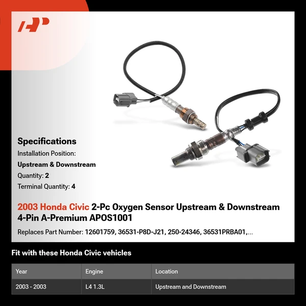 2003 Honda Civic 2-Pc Oxygen Sensor Upstream & Downstream 4-Pin A-Premium APOS1001