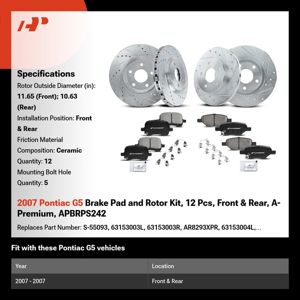 2007 Pontiac G5 Brake Pad and Rotor Kit, 12 Pcs, Front & Rear, A-Premium, APBRPS242