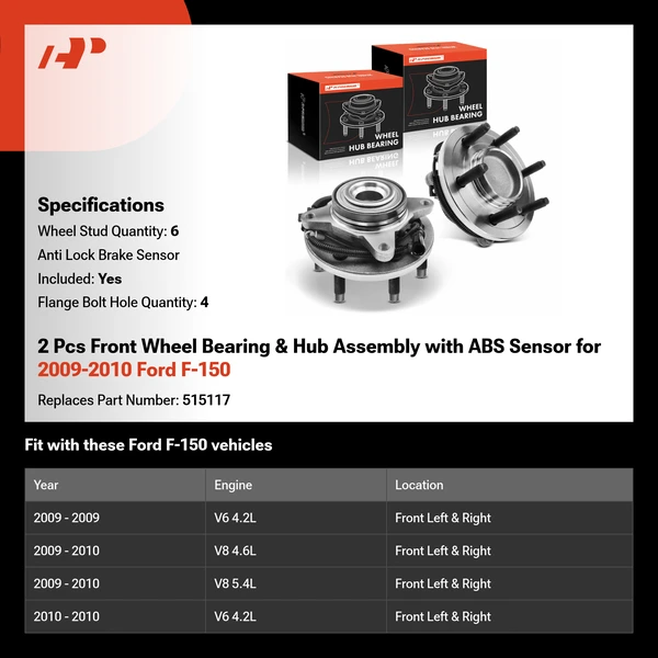 2 Pcs Front Wheel Bearing & Hub Assembly with ABS Sensor for 2009-2010 Ford F-150