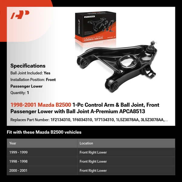 1998-2001 Mazda B2500 1-Pc Control Arm & Ball Joint, Front Passenger Lower with Ball Joint A-Premium APCA8513