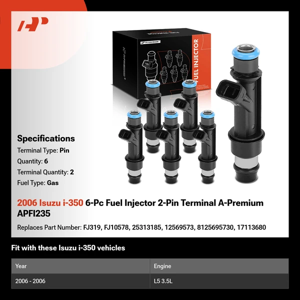 2006 Isuzu i-350 6-Pc Fuel Injector 2-Pin Terminal A-Premium APFI235