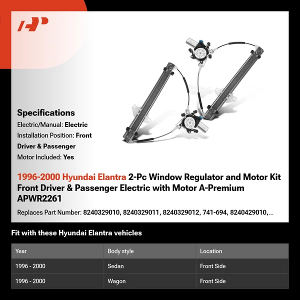 1996-2000 Hyundai Elantra 2-Pc Window Regulator and Motor Kit Front Driver & Passenger Electric with Motor A-Premium APWR2261