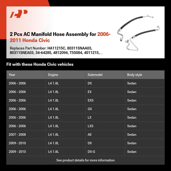 2 Pcs AC Manifold Hose Assembly for 2006-2011 Honda Civic