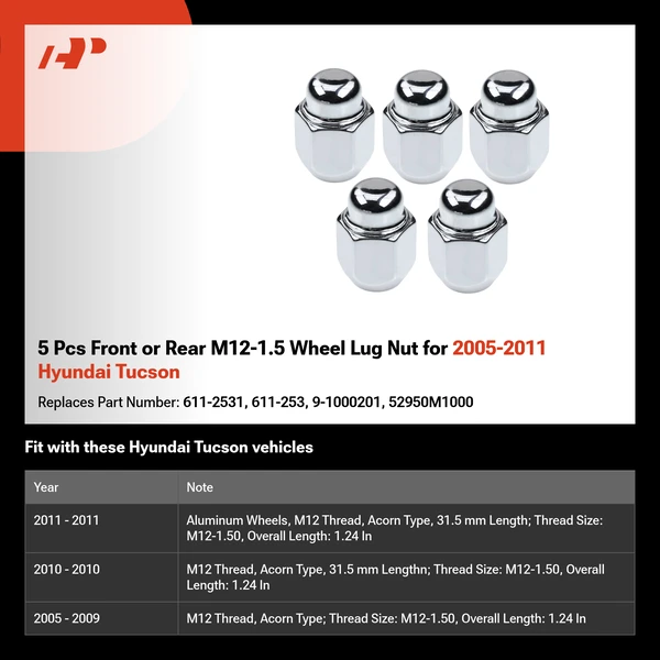 5 Pcs Front or Rear M12-1.5 Wheel Lug Nut for 2005-2011 Hyundai Tucson