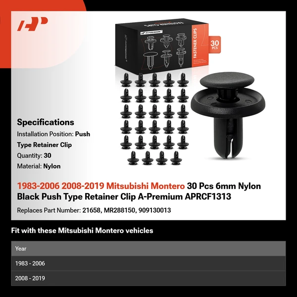 1983-2006 2008-2019 Mitsubishi Montero 30 Pcs 6mm Nylon Black Push Type Retainer Clip A-Premium APRCF1313