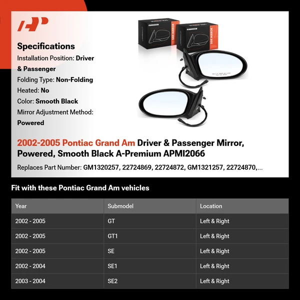 2002-2005 Pontiac Grand Am Driver & Passenger Mirror, Powered, Smooth Black A-Premium APMI2066