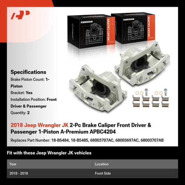2018 Jeep Wrangler JK 2-Pc Brake Caliper Front Driver & Passenger 1-Piston A-Premium APBC4204