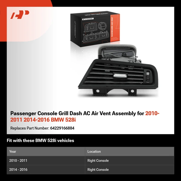 Passenger Console Grill Dash AC Air Vent Assembly for 2010-2011 2014-2016 BMW 528i