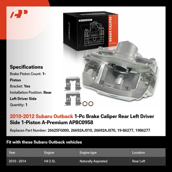 2010-2012 Subaru Outback 1-Pc Brake Caliper Rear Left Driver Side 1-Piston A-Premium APBC0958