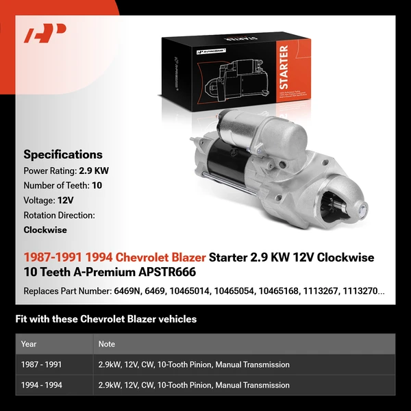 1987-1991 1994 Chevrolet Blazer Starter 2.9 KW 12V Clockwise 10 Teeth A-Premium APSTR666