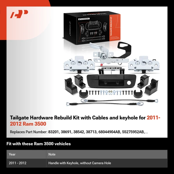 Tailgate Hardware Rebuild Kit with Cables and keyhole for 2011-2012 Ram 3500