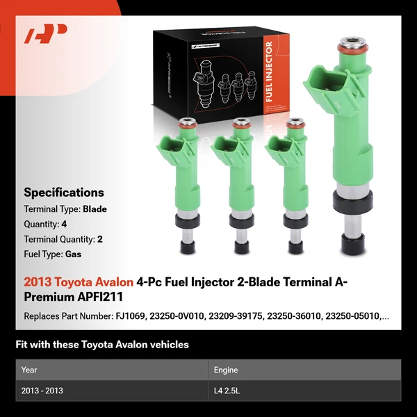 2013 Toyota Avalon 4-Pc Fuel Injector 2-Blade Terminal A-Premium APFI211