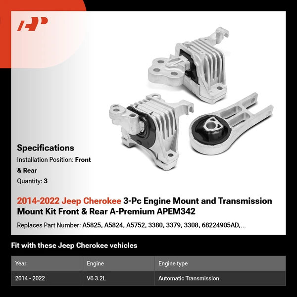 2014-2022 Jeep Cherokee 3-Pc Engine Mount and Transmission Mount Kit Front & Rear A-Premium APEM342