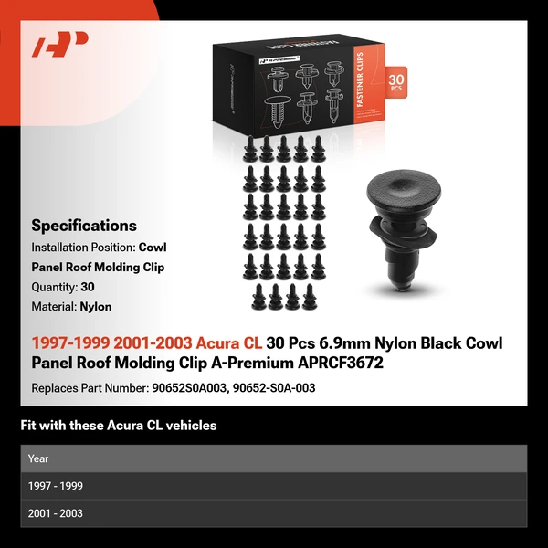 1997-1999 2001-2003 Acura CL 30 Pcs 6.9mm Nylon Black Cowl Panel Roof Molding Clip A-Premium APRCF3672