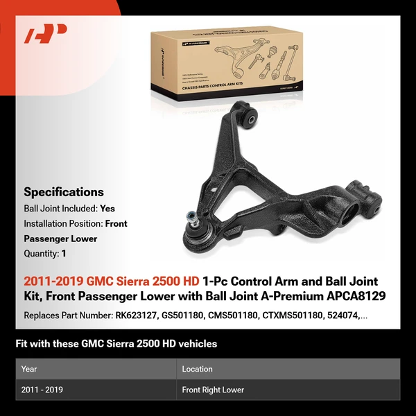 2011-2019 GMC Sierra 2500 HD 1-Pc Control Arm and Ball Joint Kit, Front Passenger Lower with Ball Joint A-Premium APCA8129