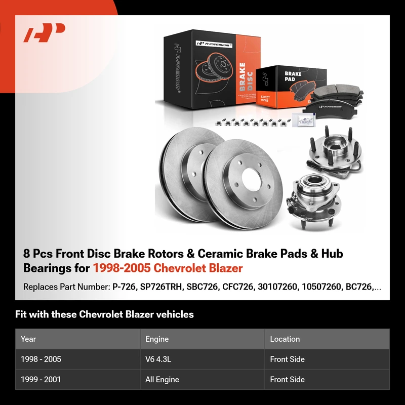 8 Pcs Front Disc Brake Rotors & Ceramic Brake Pads & Hub Bearings for 1998-2005 Chevrolet Blazer