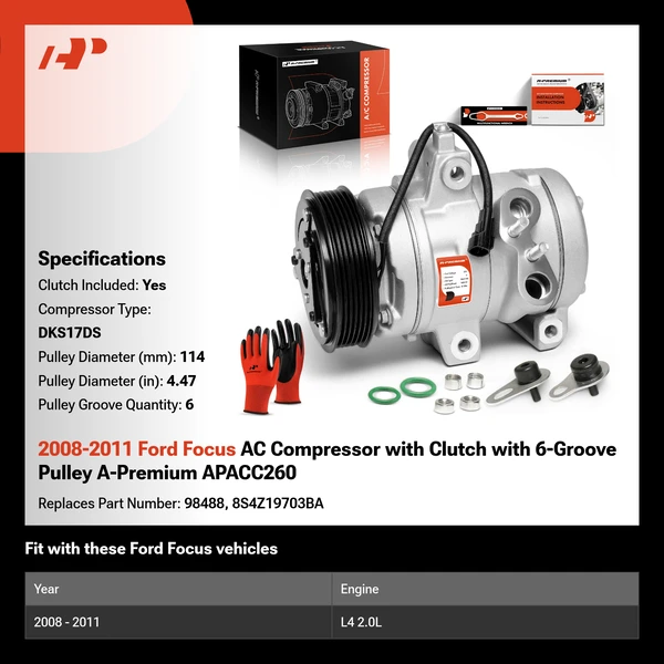 2008-2011 Ford Focus AC Compressor with Clutch with 6-Groove Pulley A-Premium APACC260