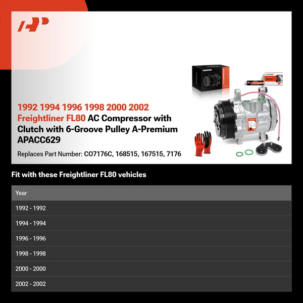 1992 1994 1996 1998 2000 2002 Freightliner FL80 AC Compressor with Clutch with 6-Groove Pulley A-Premium APACC629