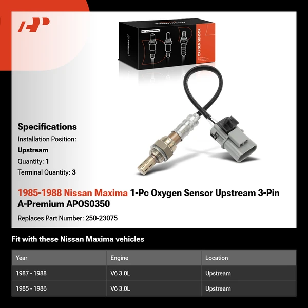 1985-1988 Nissan Maxima 1-Pc Oxygen Sensor Upstream 3-Pin A-Premium APOS0350