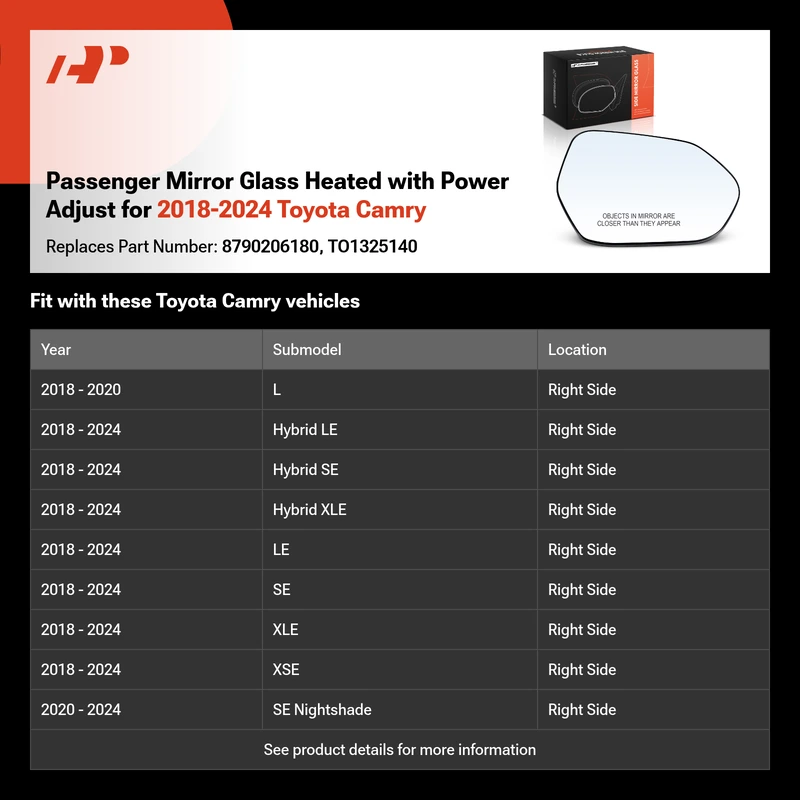 Passenger Mirror Glass Heated with Power Adjust for 2018-2024 Toyota Camry
