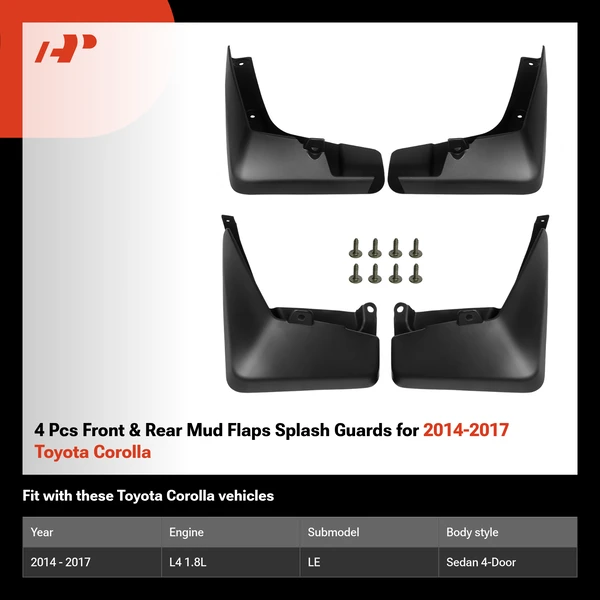 4 Pcs Front & Rear Mud Flaps Splash Guards for 2014-2017 Toyota Corolla