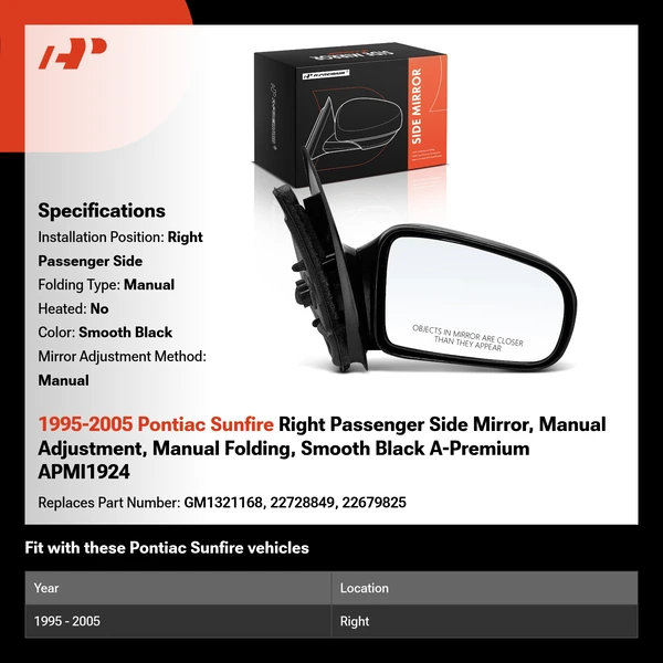 1995-2005 Pontiac Sunfire Right Passenger Side Mirror, Manual Adjustment, Manual Folding, Smooth Black A-Premium APMI1924