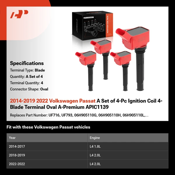 2014-2019 2022 Volkswagen Passat A Set of 4-Pc Ignition Coil 4-Blade Terminal Oval A-Premium APIC1139
