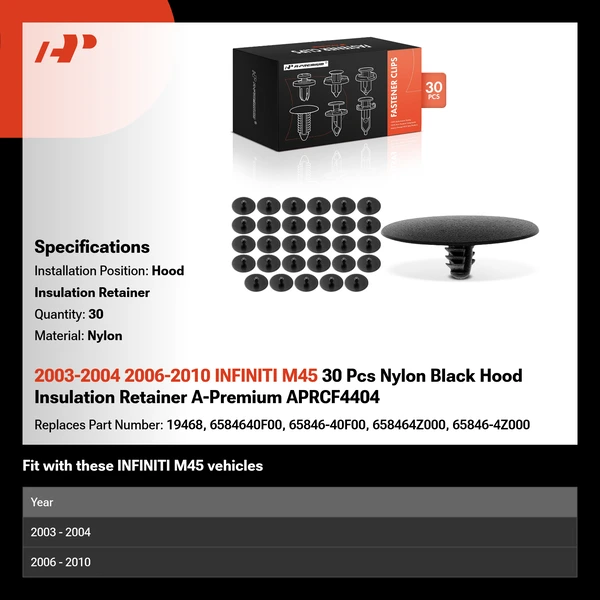 2003-2004 2006-2010 INFINITI M45 30 Pcs Nylon Black Hood Insulation Retainer A-Premium APRCF4404