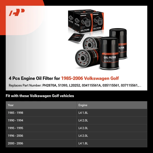 4 Pcs Engine Oil Filter for 1985-2006 Volkswagen Golf