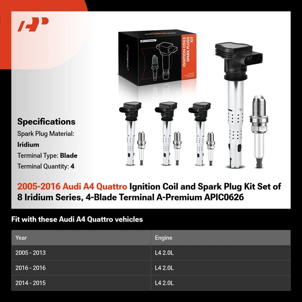 2005-2016 Audi A4 Quattro Ignition Coil and Spark Plug Kit Set of 8 Iridium Series, 4-Blade Terminal A-Premium APIC0626
