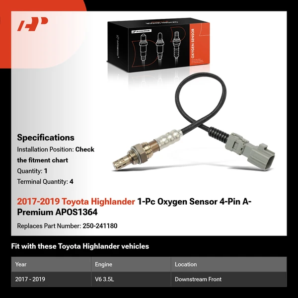 2017-2019 Toyota Highlander 1-Pc Oxygen Sensor 4-Pin A-Premium APOS1364