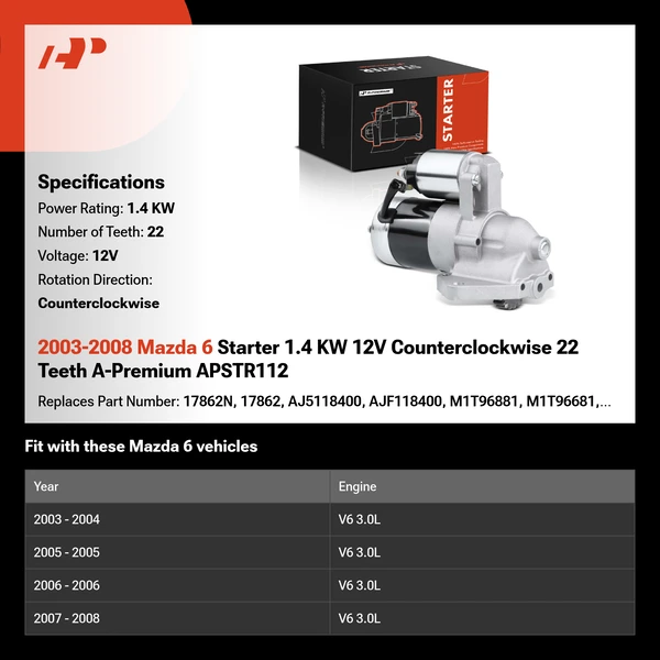 2003-2008 Mazda 6 Starter 1.4 KW 12V Counterclockwise 22 Teeth A-Premium APSTR112