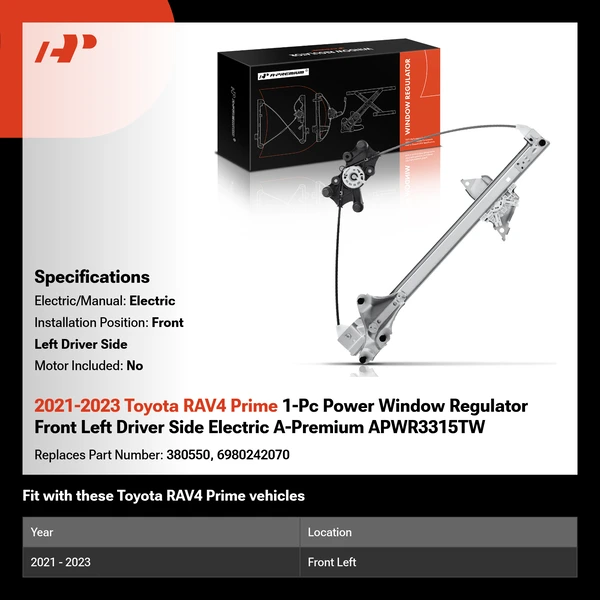 2021-2023 Toyota RAV4 Prime 1-Pc Power Window Regulator Front Left Driver Side Electric A-Premium APWR3315TW