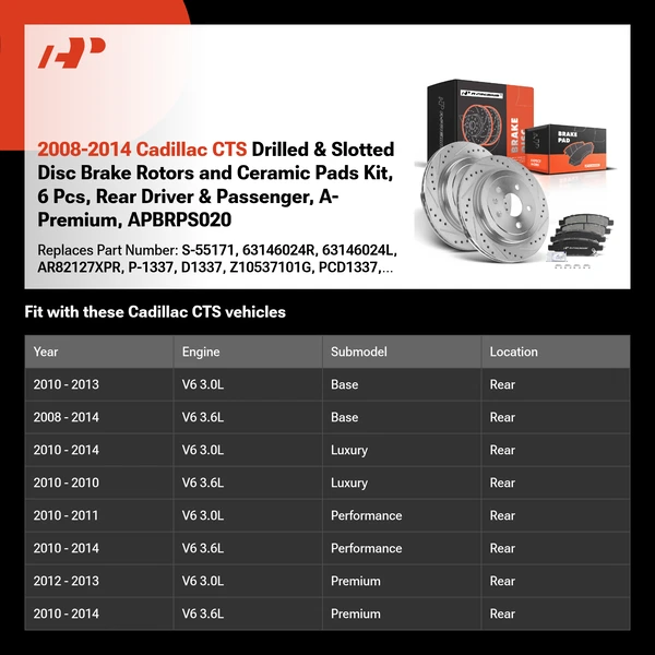 2008-2014 Cadillac CTS Drilled & Slotted Disc Brake Rotors and Ceramic Pads Kit, 6 Pcs, Rear Driver & Passenger, A-Premium, APBRPS020