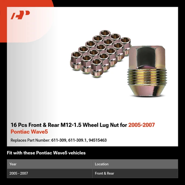 16 Pcs Front & Rear M12-1.5 Wheel Lug Nut for 2005-2007 Pontiac Wave5