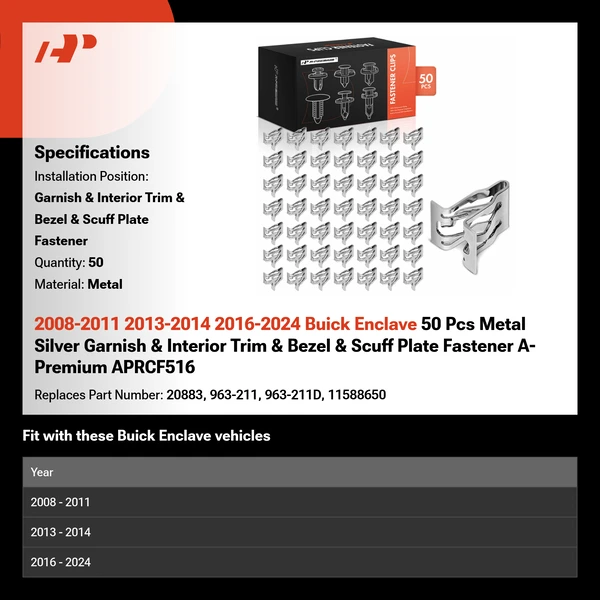 2008-2011 2013-2014 2016-2024 Buick Enclave 50 Pcs Metal Silver Garnish & Interior Trim & Bezel & Scuff Plate Fastener A-Premium APRCF516