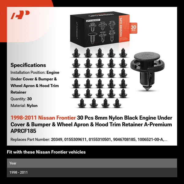 1998-2011 Nissan Frontier 30 Pcs 8mm Nylon Black Engine Under Cover & Bumper & Wheel Apron & Hood Trim Retainer A-Premium APRCF185