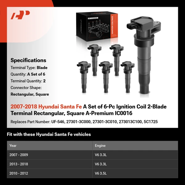 2007-2018 Hyundai Santa Fe A Set of 6-Pc Ignition Coil 2-Blade Terminal Rectangular, Square A-Premium IC0016