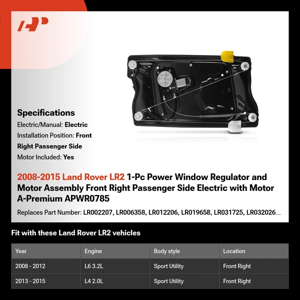 2008-2015 Land Rover LR2 1-Pc Power Window Regulator and Motor Assembly Front Right Passenger Side Electric with Motor A-Premium APWR0785