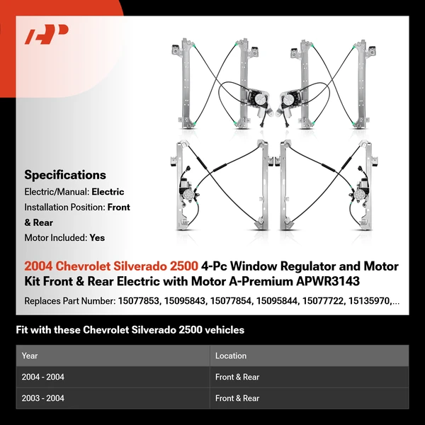 2004 Chevrolet Silverado 2500 4-Pc Window Regulator and Motor Kit Front & Rear Electric with Motor A-Premium APWR3143