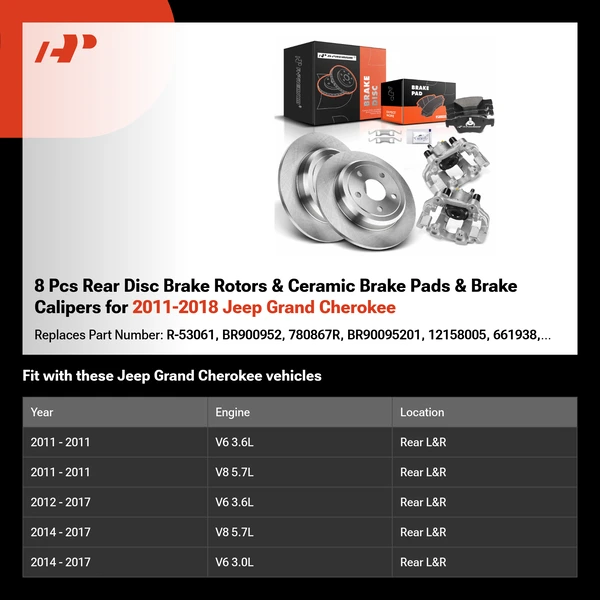 8 Pcs Rear Disc Brake Rotors & Ceramic Brake Pads & Brake Calipers for 2011-2018 Jeep Grand Cherokee
