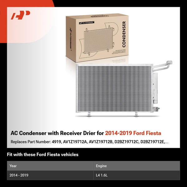 AC Condenser with Receiver Drier for 2014-2019 Ford Fiesta