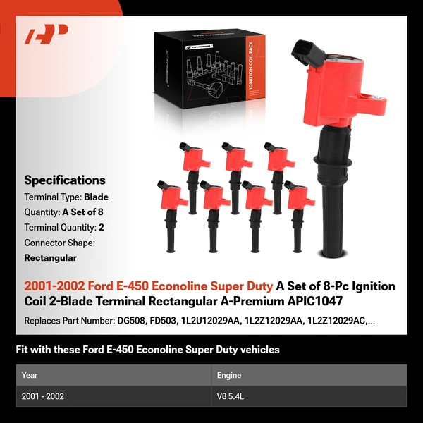 2001-2002 Ford E-450 Econoline Super Duty A Set of 8-Pc Ignition Coil 2-Blade Terminal Rectangular A-Premium APIC1047