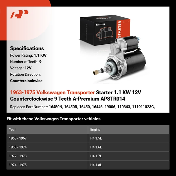 1963-1975 Volkswagen Transporter Starter 1.1 KW 12V Counterclockwise 9 Teeth A-Premium APSTR014