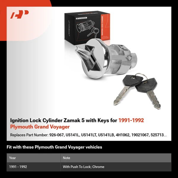 Ignition Lock Cylinder Zamak 5 with Keys for 1991-1992 Plymouth Grand Voyager