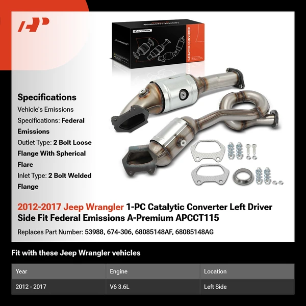 2012-2017 Jeep Wrangler 1-PC Catalytic Converter Left Driver Side Fit Federal Emissions A-Premium APCCT115