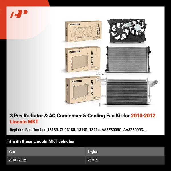 3 Pcs Radiator & AC Condenser & Cooling Fan Kit for 2010-2012 Lincoln MKT