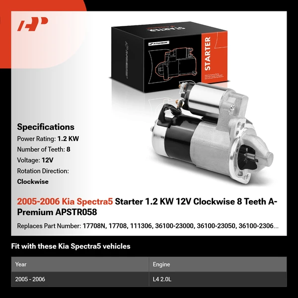 2005-2006 Kia Spectra5 Starter 1.2 KW 12V Clockwise 8 Teeth A-Premium APSTR058